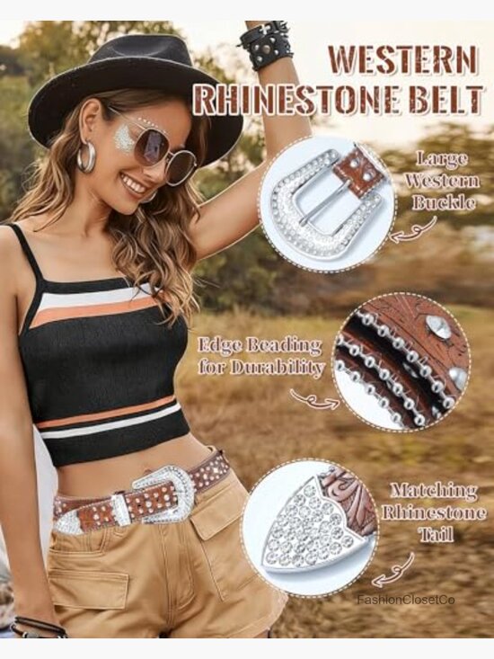 Faux Leather Rhinestone Western Cowgirl Belt for Women